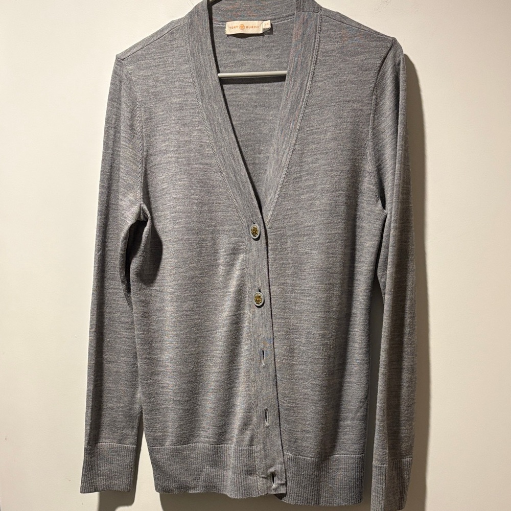 Tory Burch Simone Cardigan Sweater Gray, V-Neck, Size Large